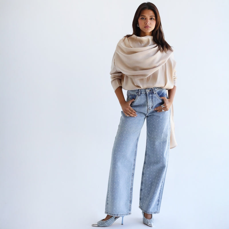 Beige shimmering scarf blouse