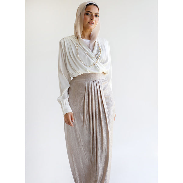 Pleated metallic drape skirt