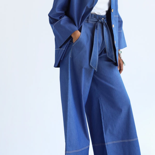 High waisted pleated denim pants