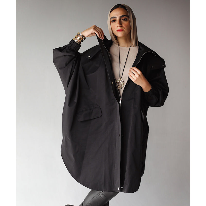Black oversized waterproof buttoned jacket