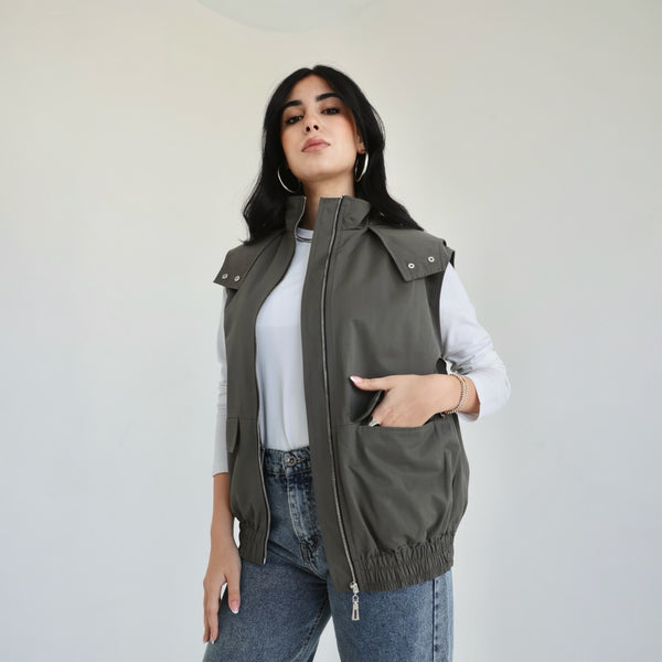 Olive sleeveless bomber vest