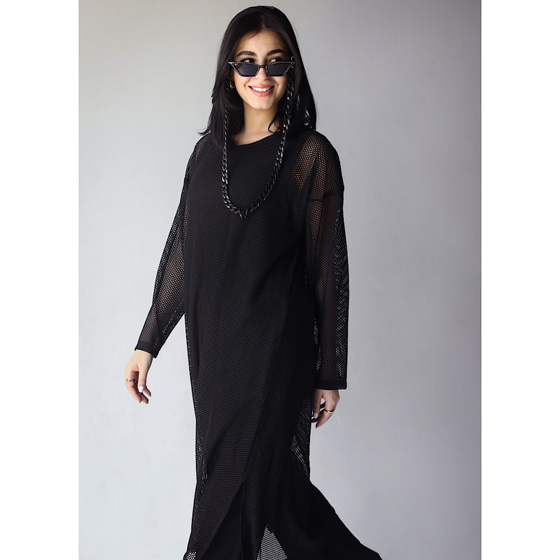 Black open knit long dress