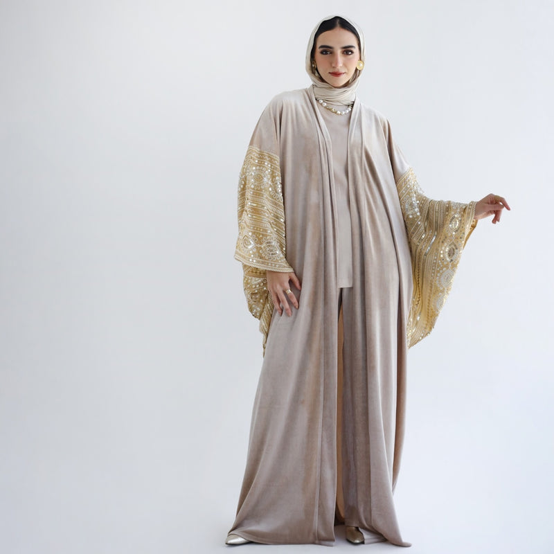 Embellished beige wide sleeve kaftan