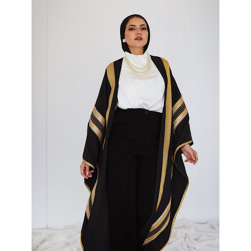 Linen blend black embroidered abaya