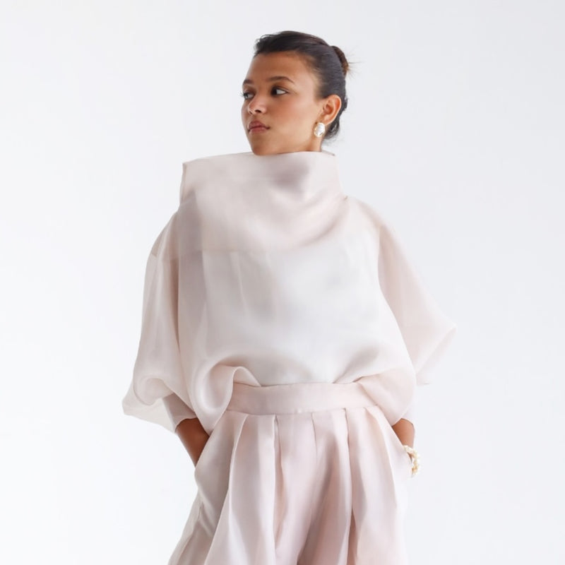 Beige draped neck blouse