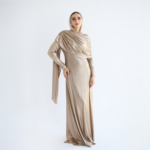 Gold metallic scarf dress