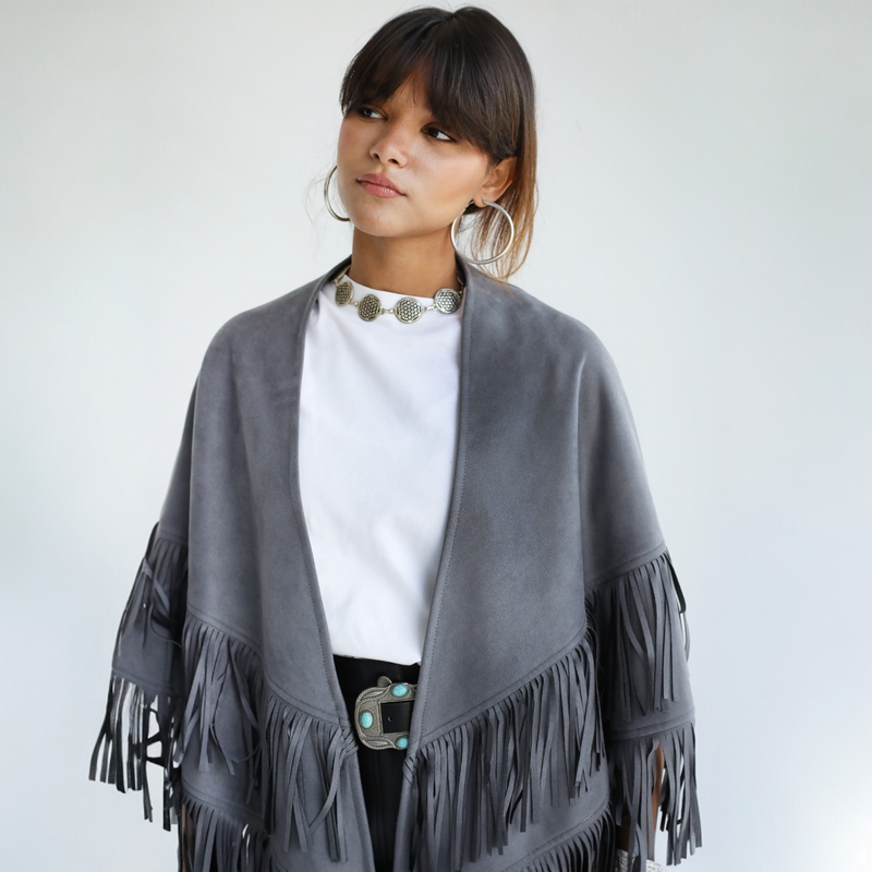 Grey fringed poncho