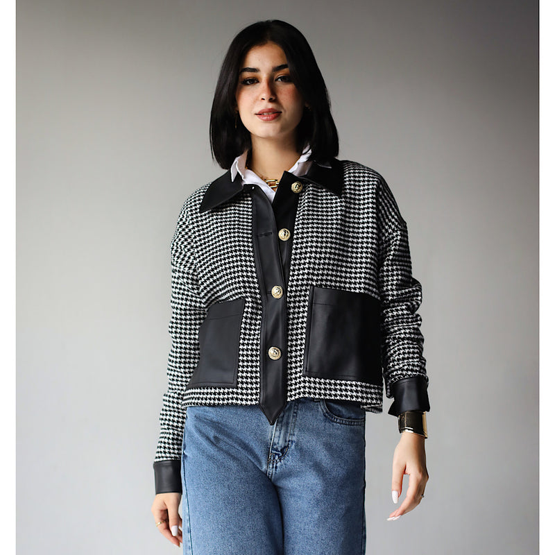 Short houndstooth & leather shirt
