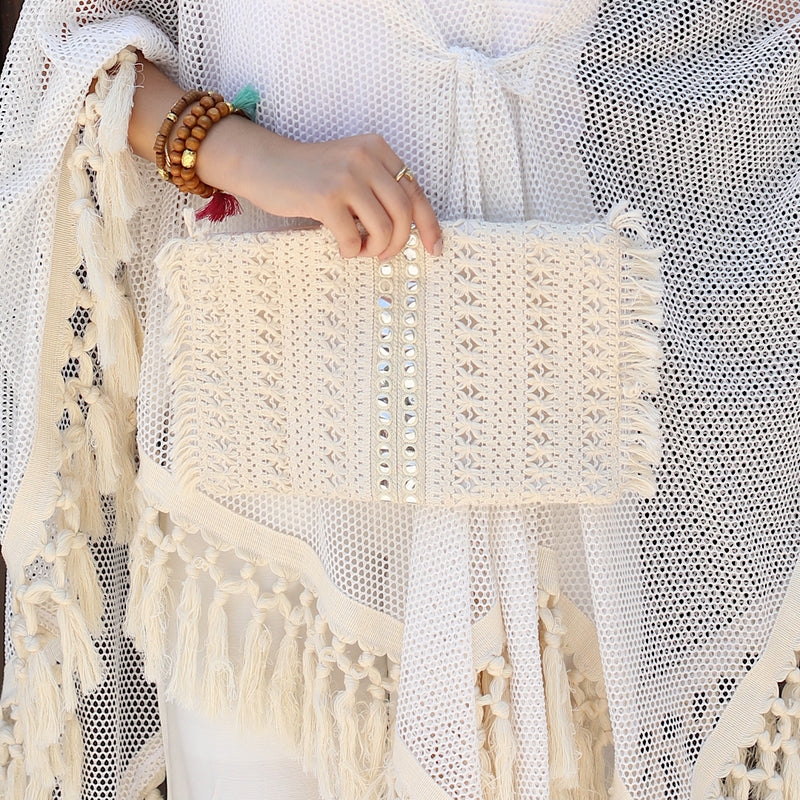 Mirror embroidered off white clutch
