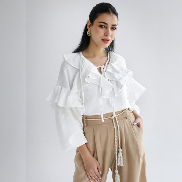 Crinkled cotton ruffled blouse