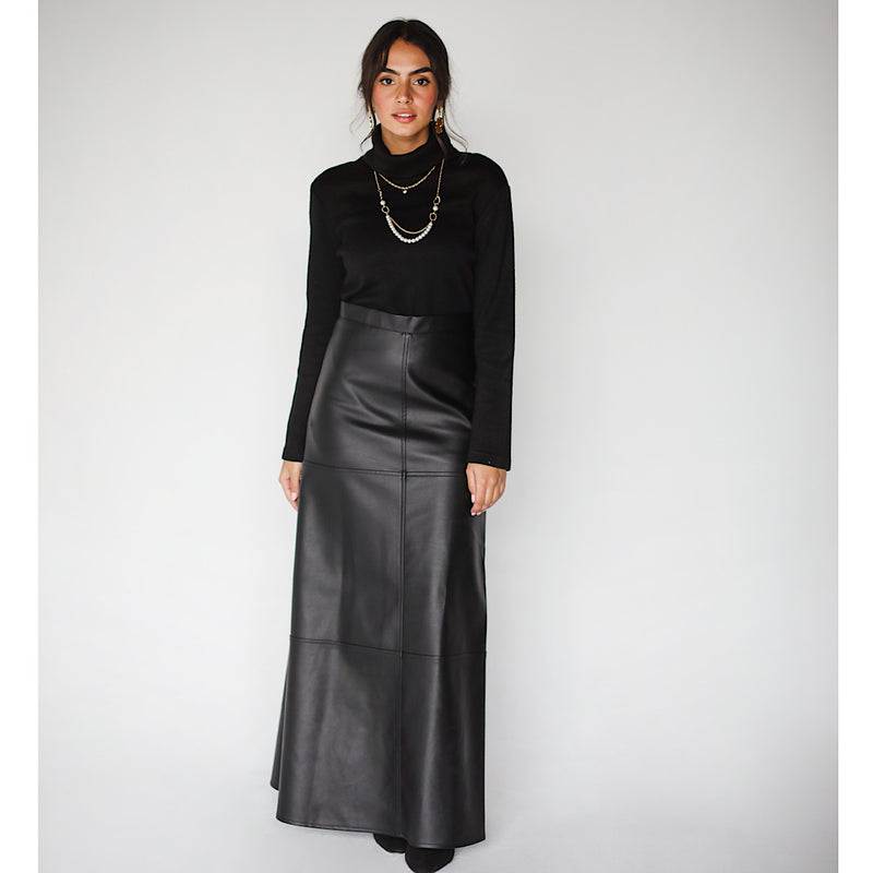 Black leather long skirt