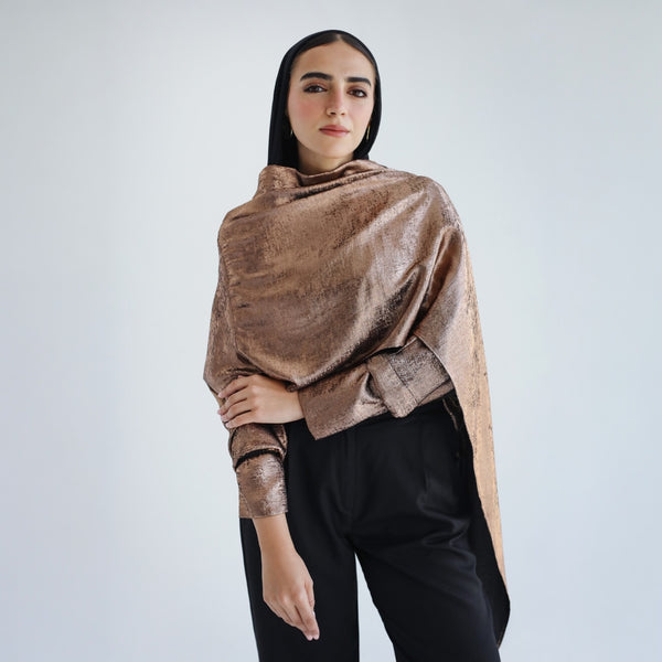 Copper draped scarf blouse