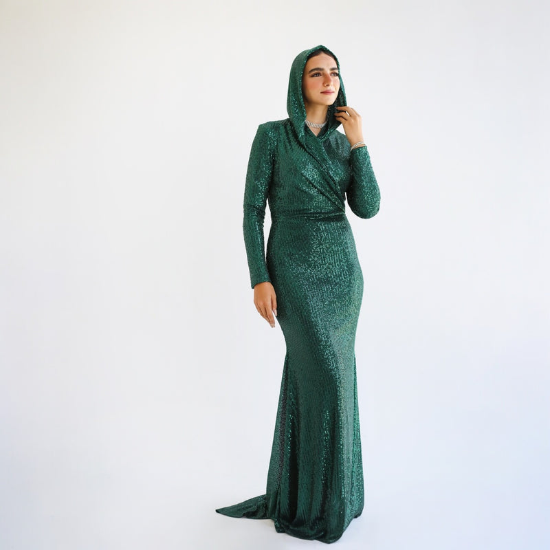 Dark green draped neck dress