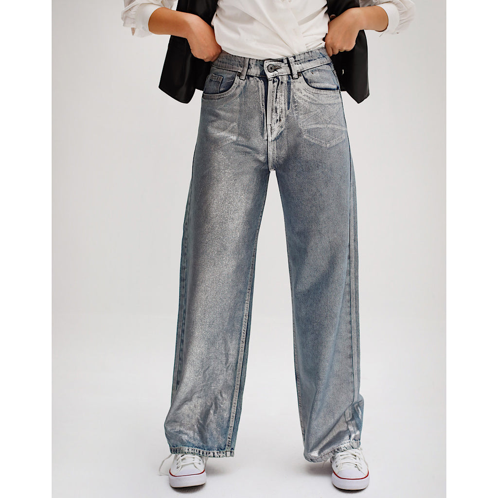 Silver metallic denim pants