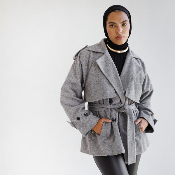 Grey wool short trench jacket