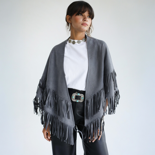 Grey fringed poncho