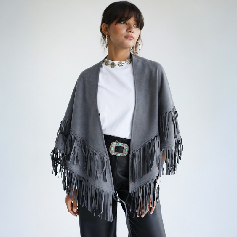 Grey fringed poncho
