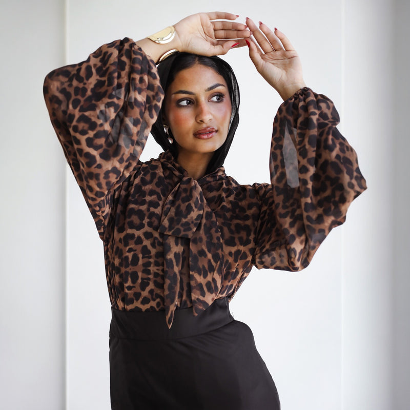 Bow tie leopard chiffon blouse