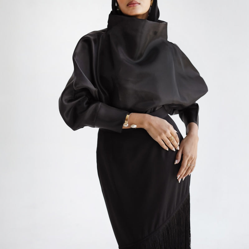 Black draped neck blouse