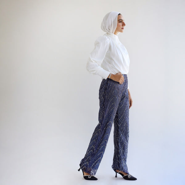 Dark blue embellished tulle pants