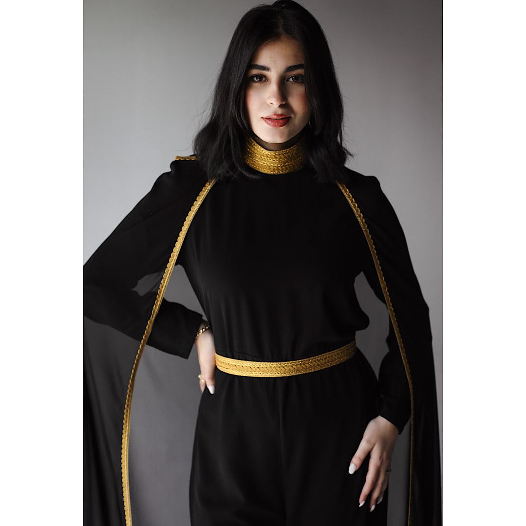 Maroon Cape Jumpsuit with Gold Embroidery and Embellishments main image 1