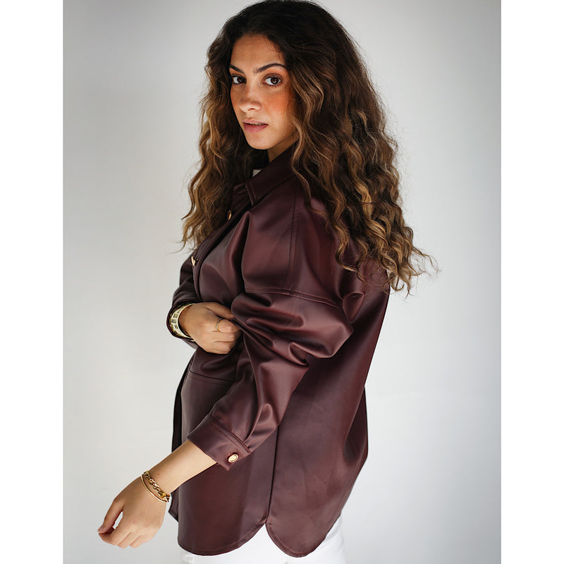 Burgundy buttoned down leather shirt