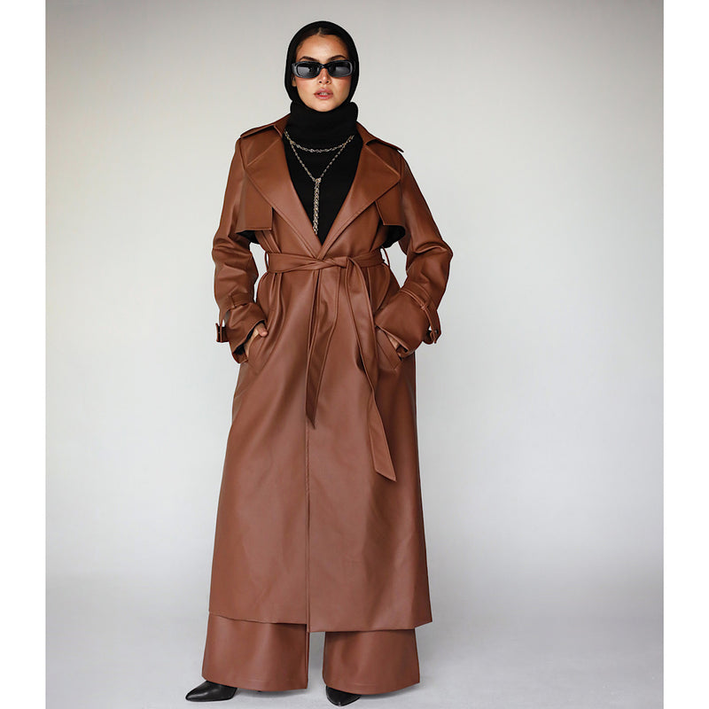 Brown leather trench coat