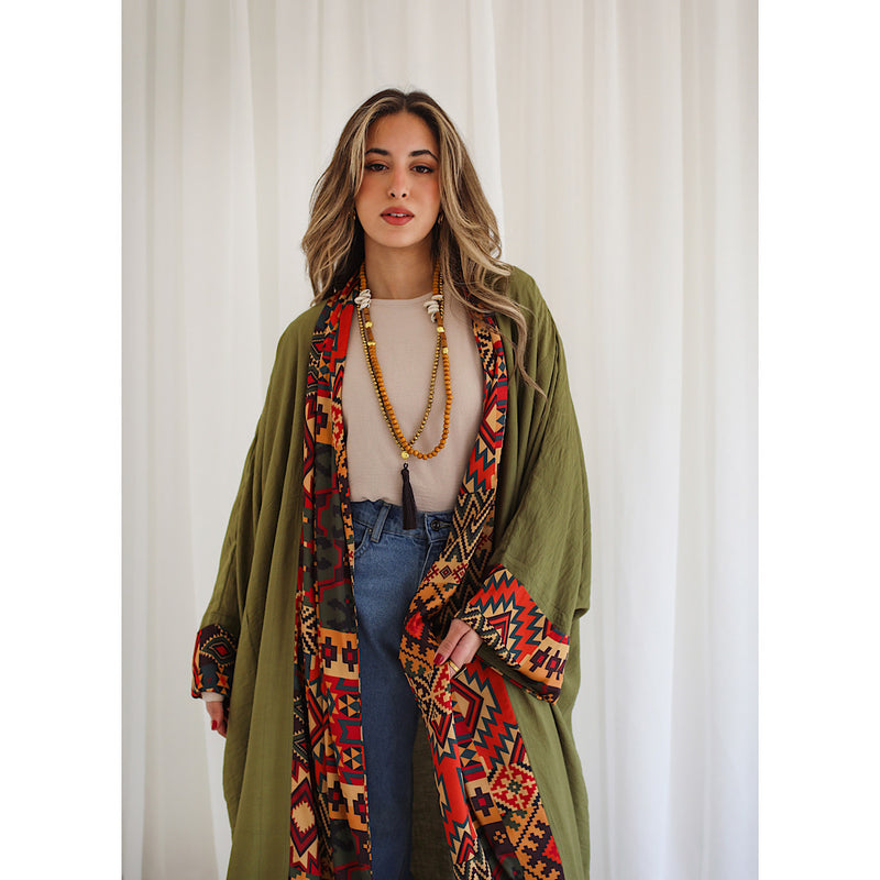 Olive printed shawl kaftan
