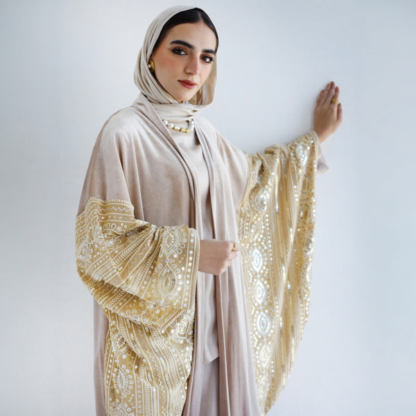 Embellished beige wide sleeve kaftan