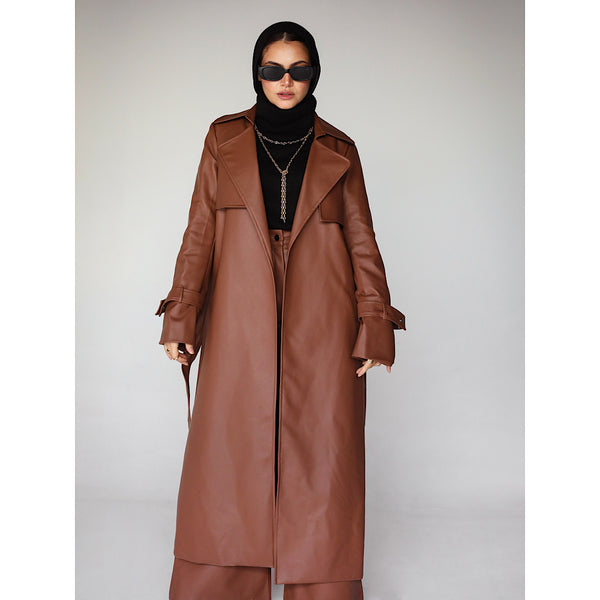 Brown leather trench coat