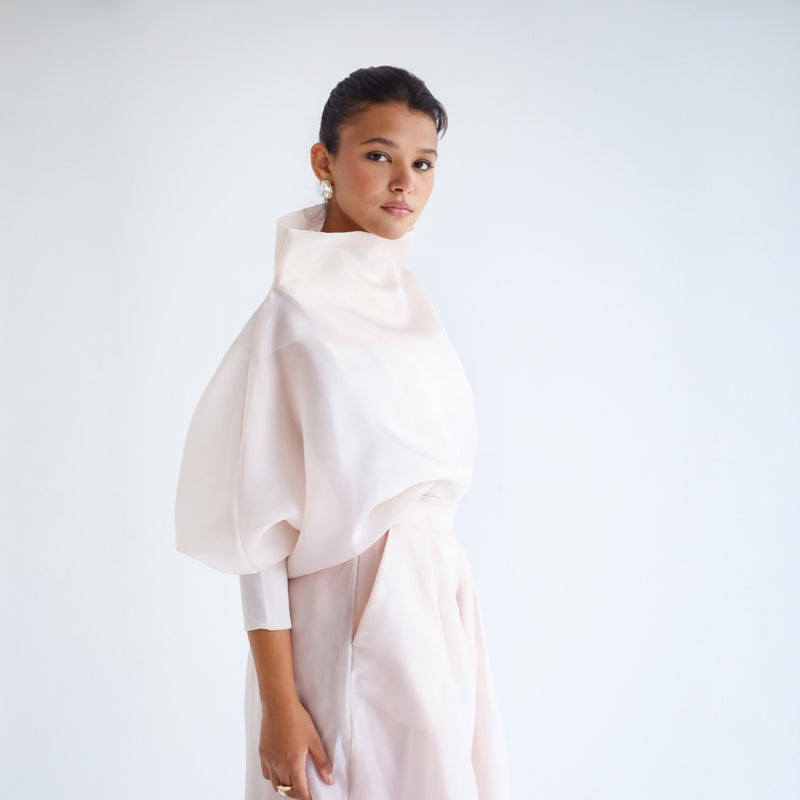 Beige draped neck blouse