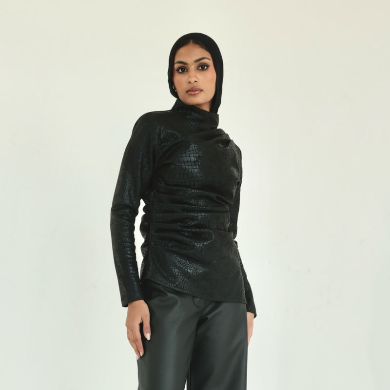 Draped embossed leather blouse