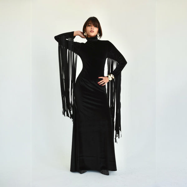 Velvet fringed long dress