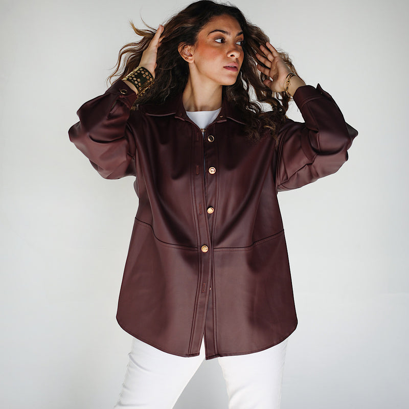 Burgundy buttoned down leather shirt