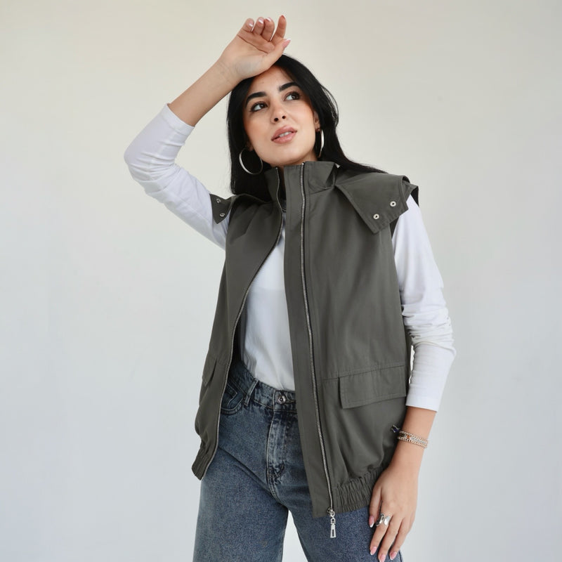 Olive sleeveless bomber vest