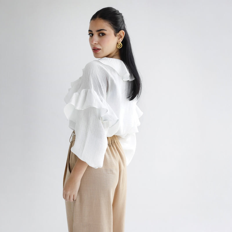 Crinkled cotton ruffled blouse
