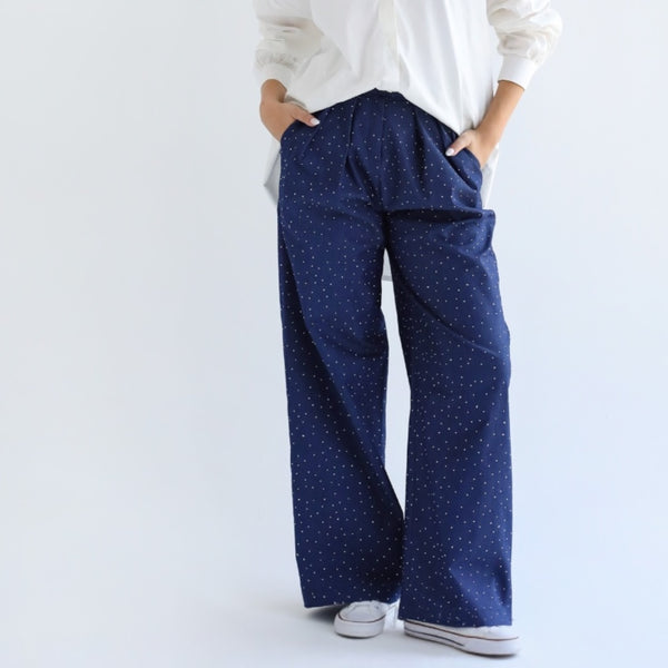 Strass denim pleated pants