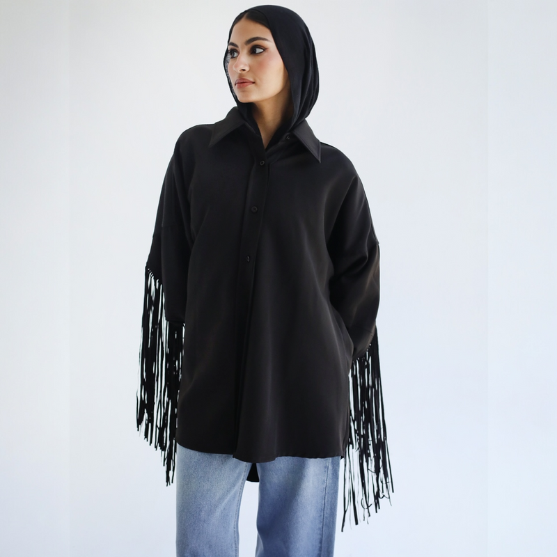 Black fringed buttoned shirt