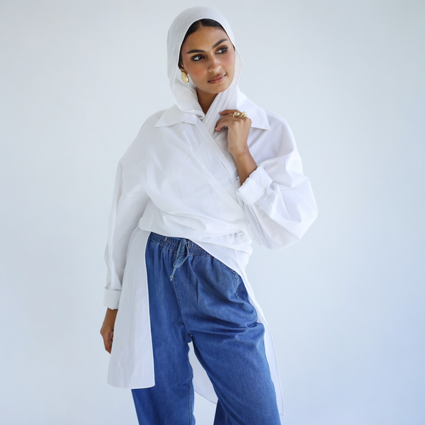 White poplin wrap draped blouse