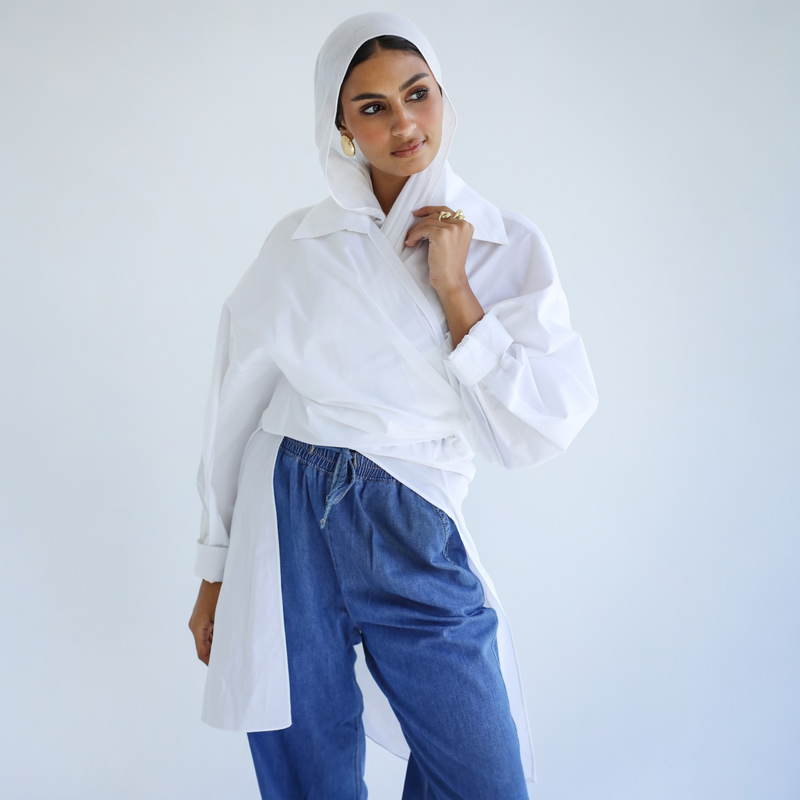 White poplin wrap draped blouse