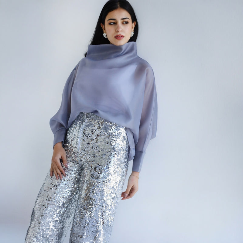 Silver draped neck blouse