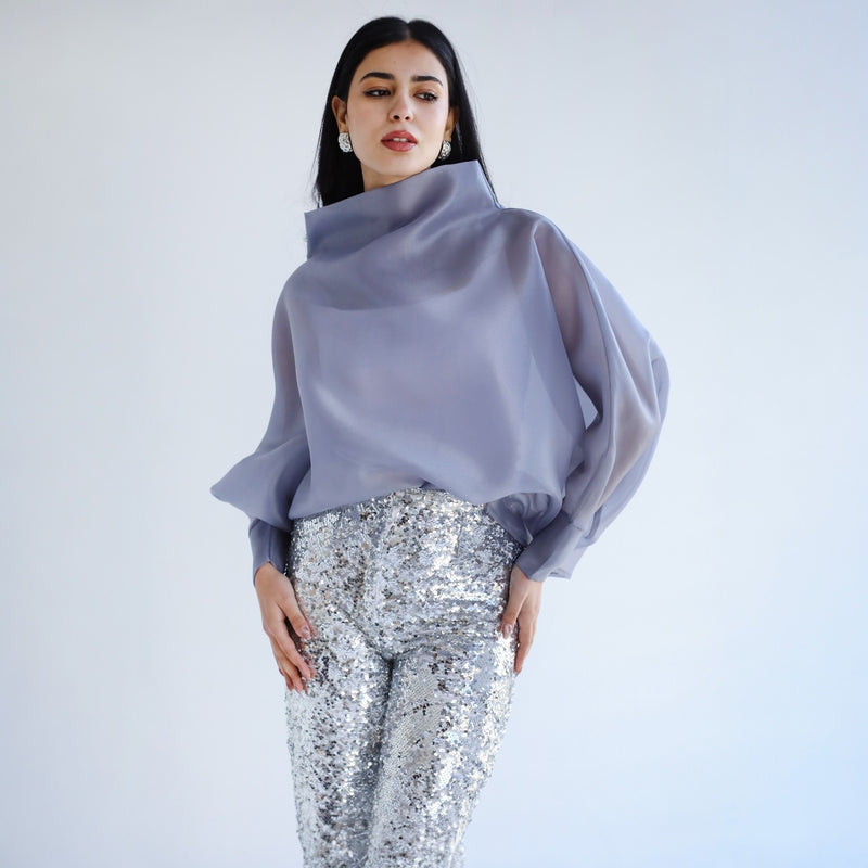 Silver draped neck blouse