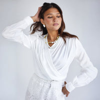 Double breasted off white satin blouse