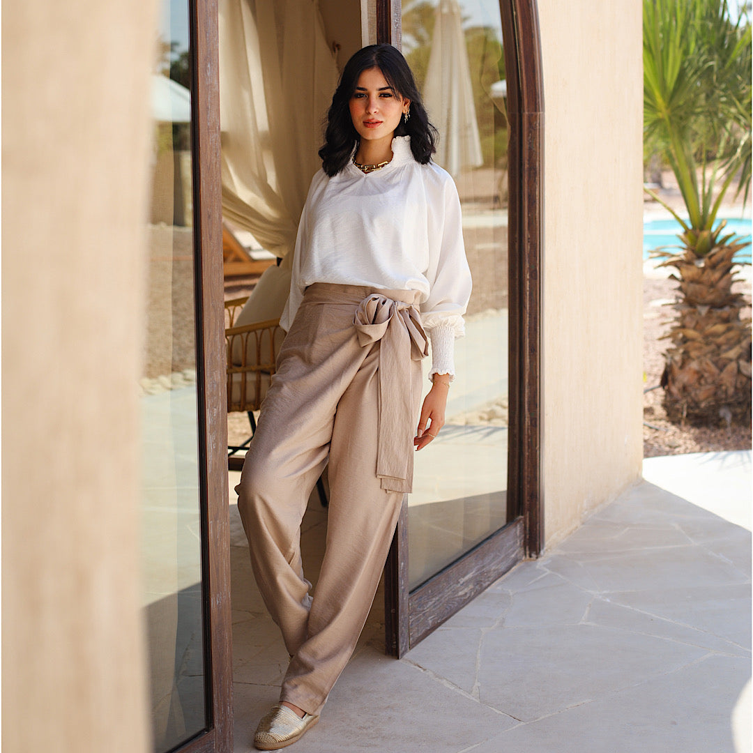 Beige Trousers With A Tie Belt