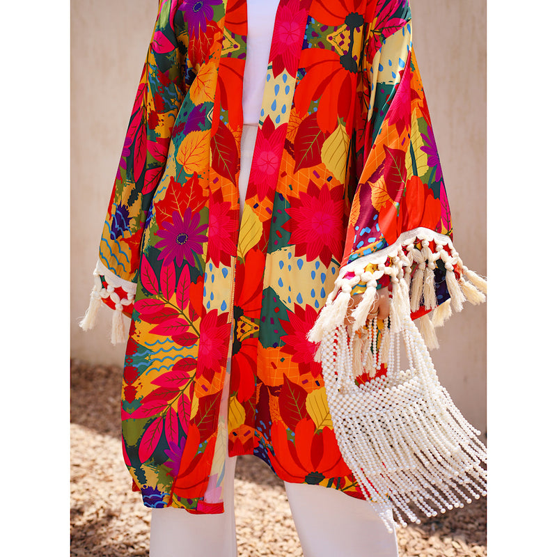 Multicolor tasseled long cardigan