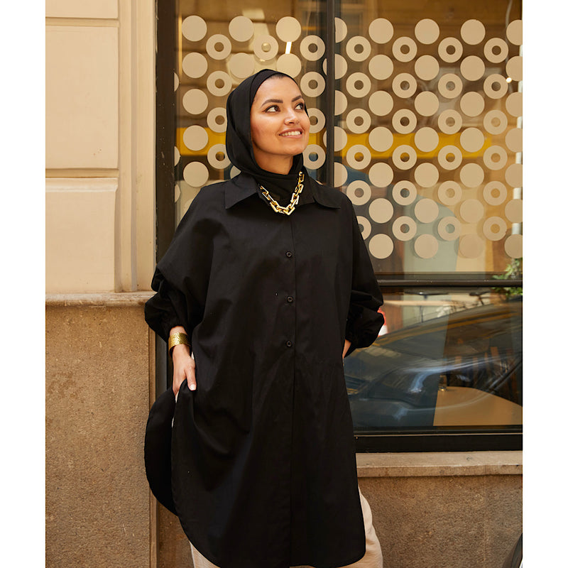 Black puffed sleeve poplin shirt