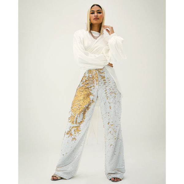 Gold sequin shop wide leg pants