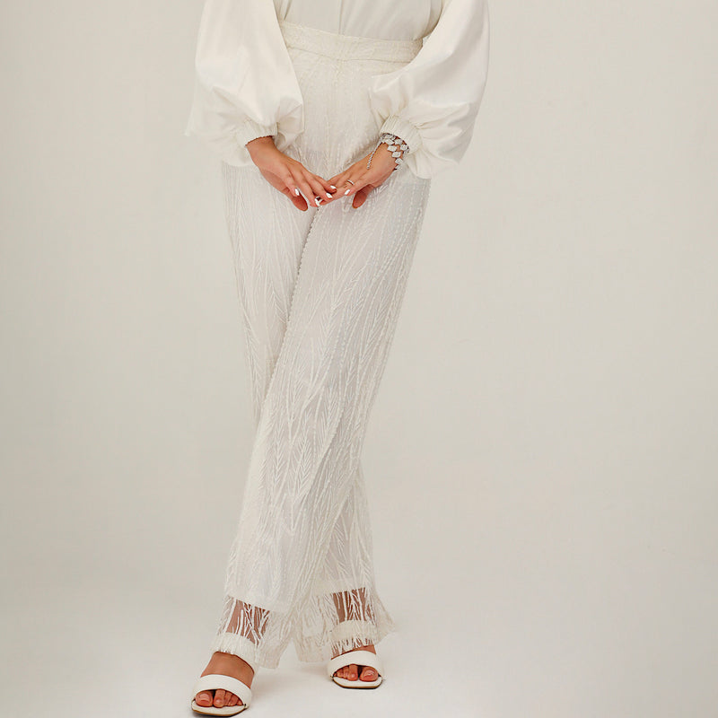 White Embroidered tulle pants