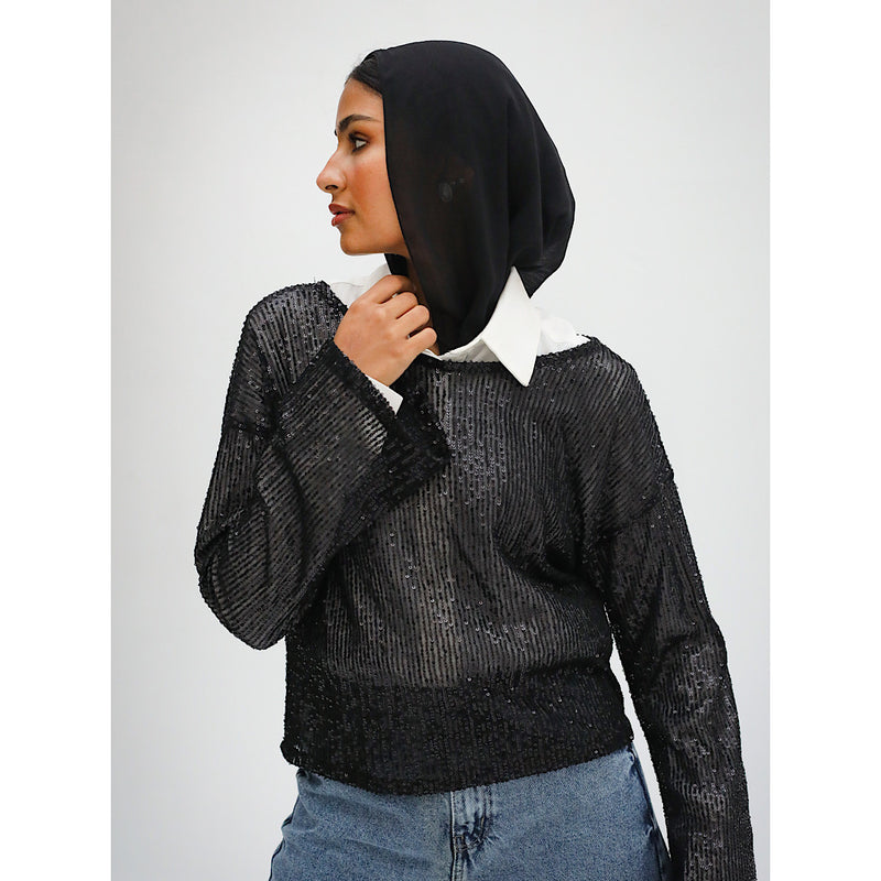 Black open knit sequin top