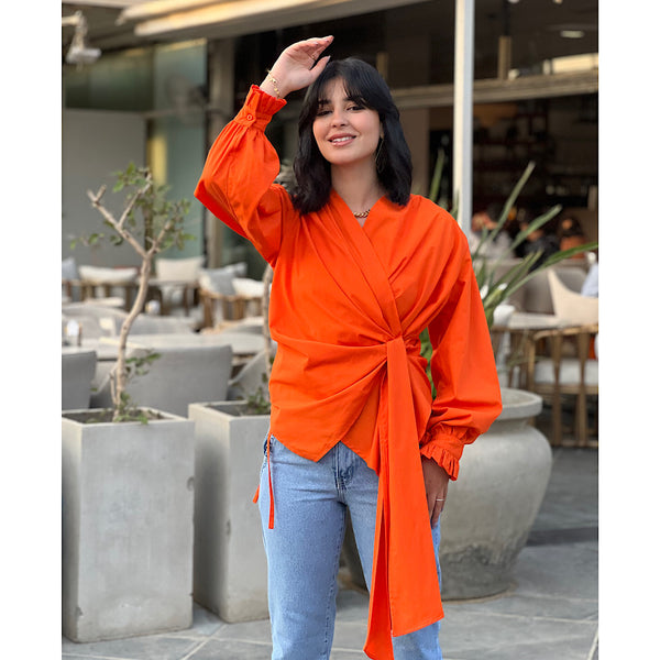 Orange side wrap blouse